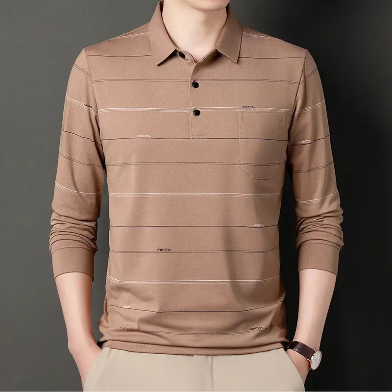 Men Striped Long Sleeve Polo Shirt Grey Autumn