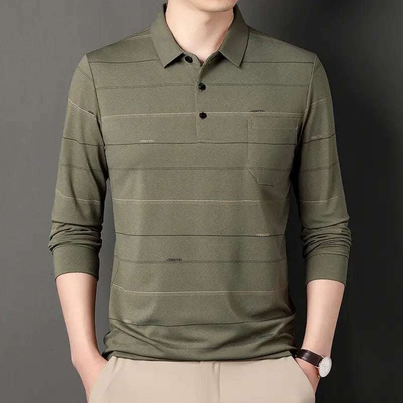Men Striped Long Sleeve Polo Shirt Grey Autumn