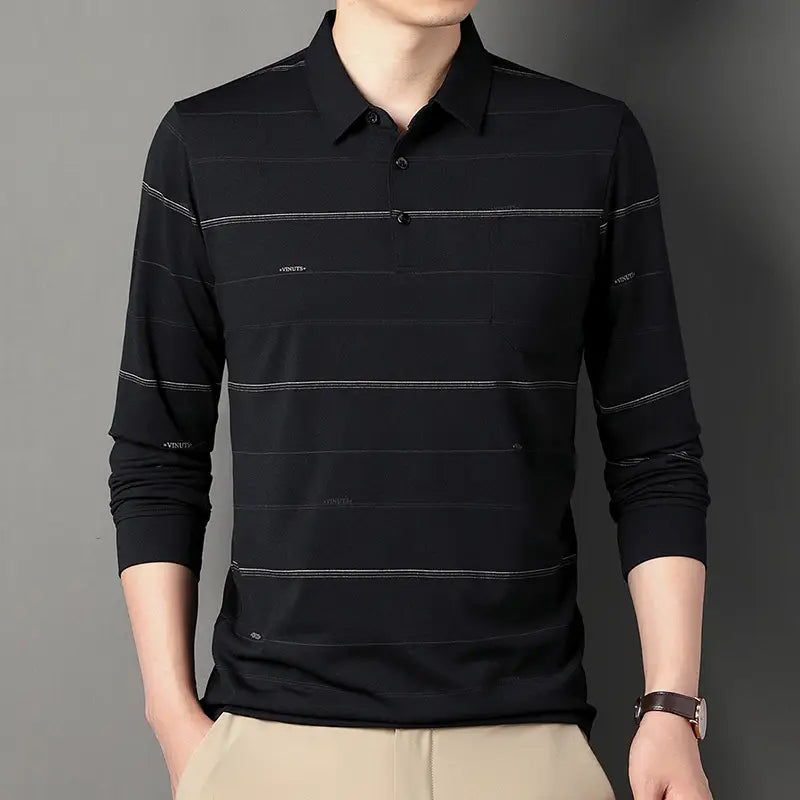 Men Striped Long Sleeve Polo Shirt Grey Autumn