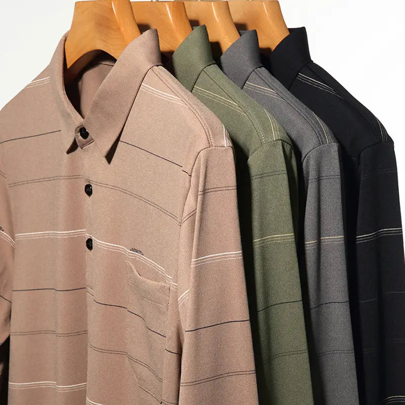 Men Striped Long Sleeve Polo Shirt Grey Autumn