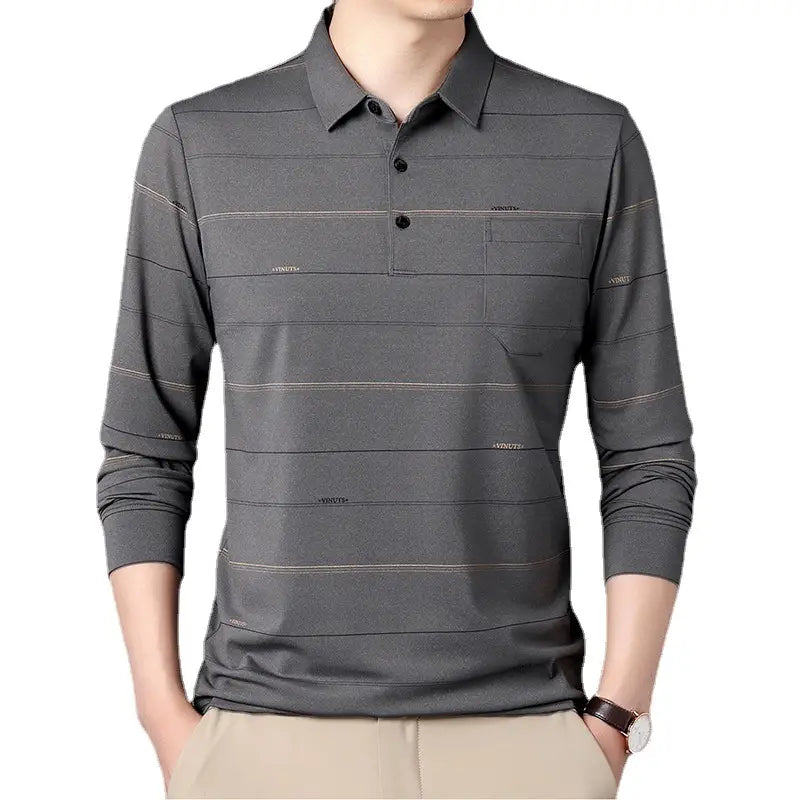 Men Striped Long Sleeve Polo Shirt Grey Autumn