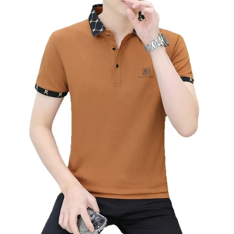 Men Cotton Polo Shirt Short Sleeve Trendy Lapel Print