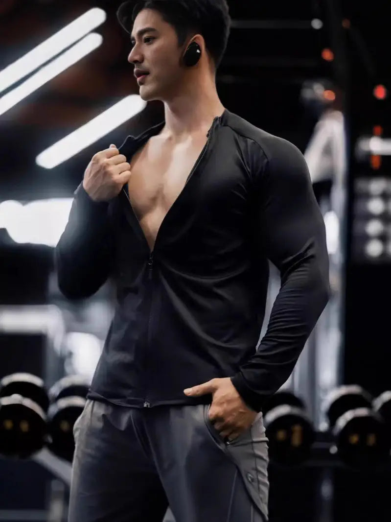 Men's Black Slim Fit Zipper Sports T-Shirt Autumn