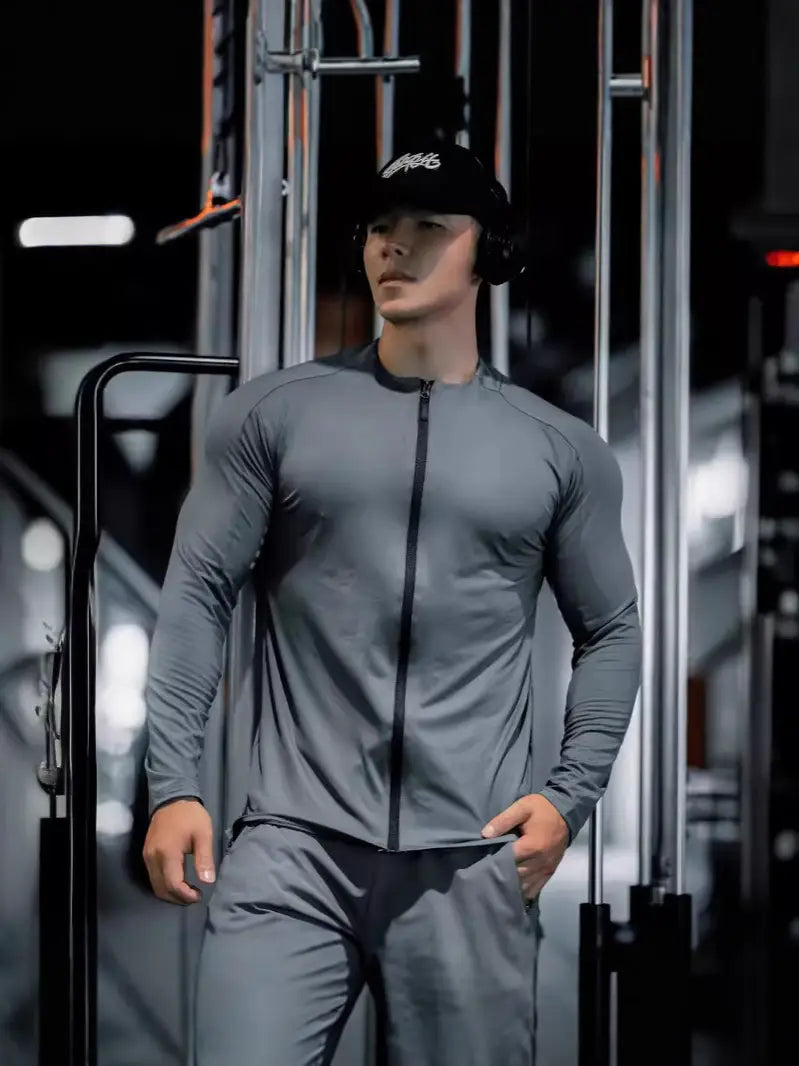 Men's Black Slim Fit Zipper Sports T-Shirt Autumn