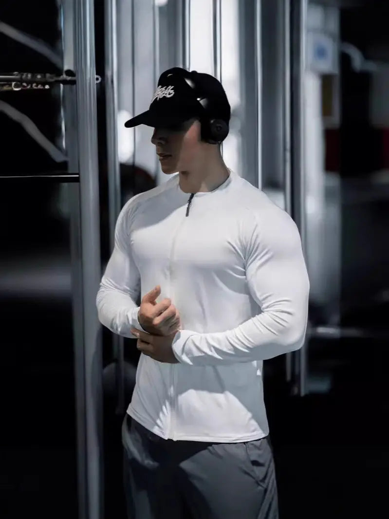 Men's Black Slim Fit Zipper Sports T-Shirt Autumn