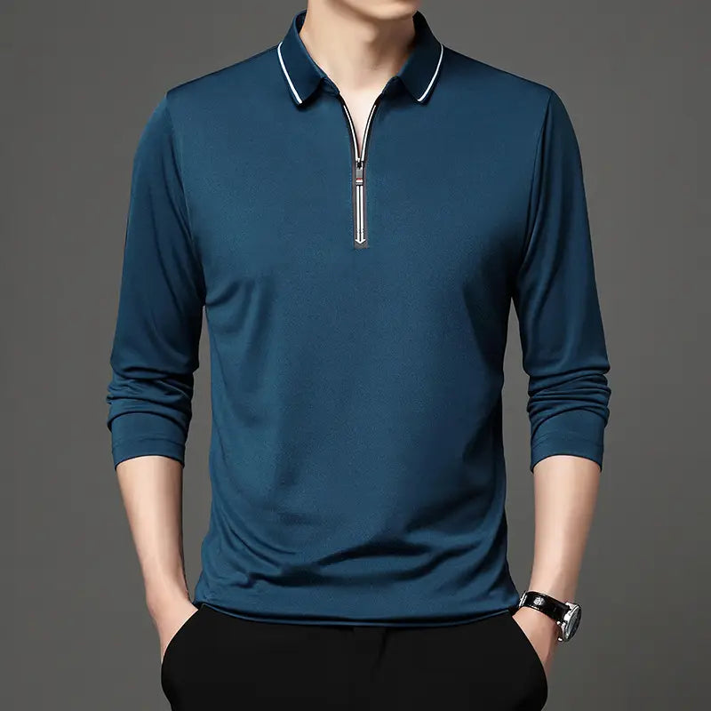 Men Long Sleeve Polo Shirt Blue Quick-Dry Plus Size