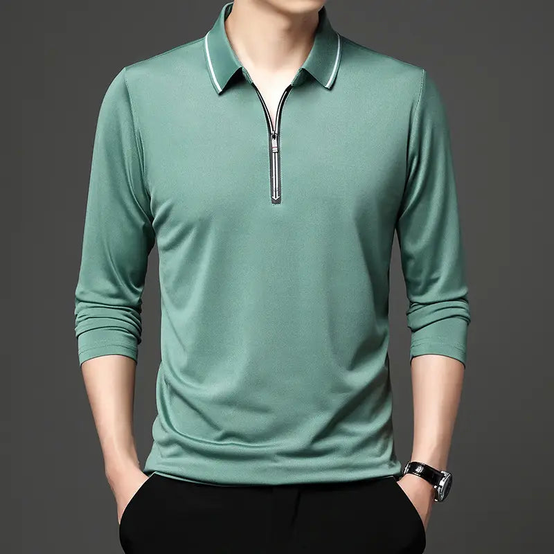 Men Long Sleeve Polo Shirt Blue Quick-Dry Plus Size