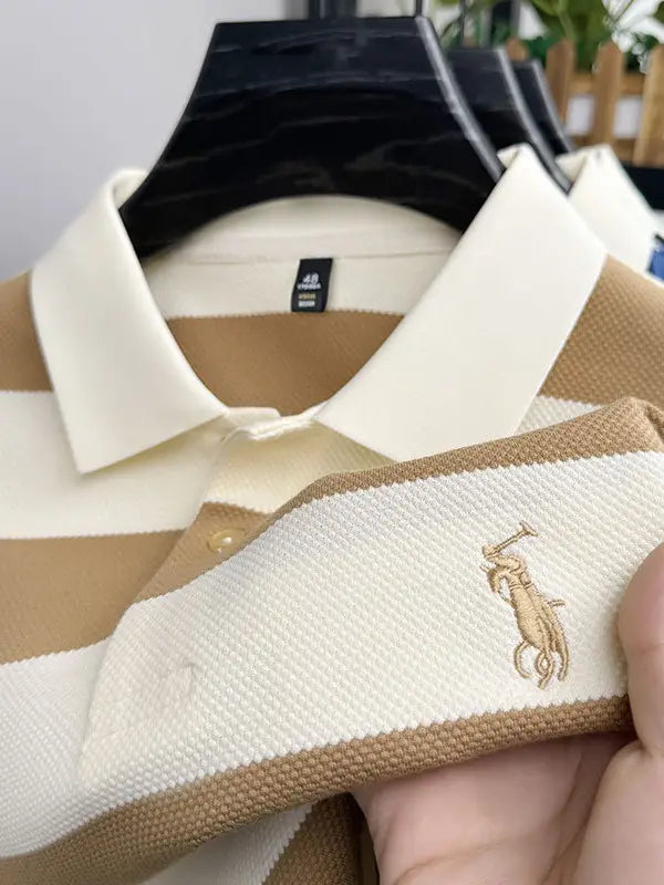 Men Striped Polo Shirt Khaki Summer Casual Short Sleeve