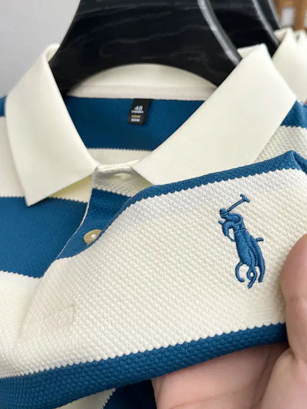 Men Striped Polo Shirt Khaki Summer Casual Short Sleeve