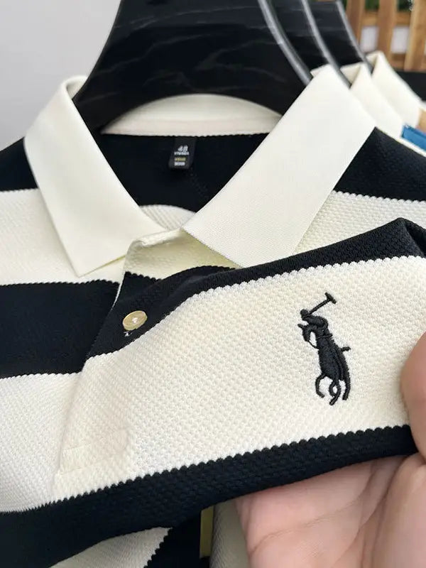 Men Striped Polo Shirt Khaki Summer Casual Short Sleeve