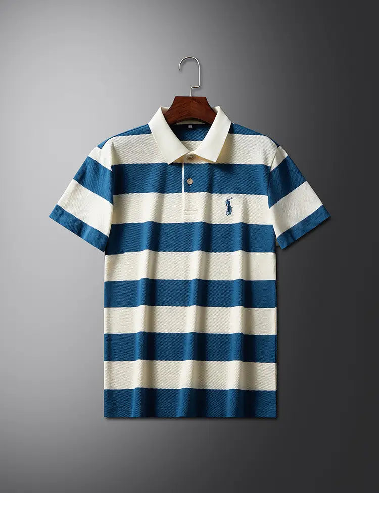 Men Striped Polo Shirt Khaki Summer Casual Short Sleeve