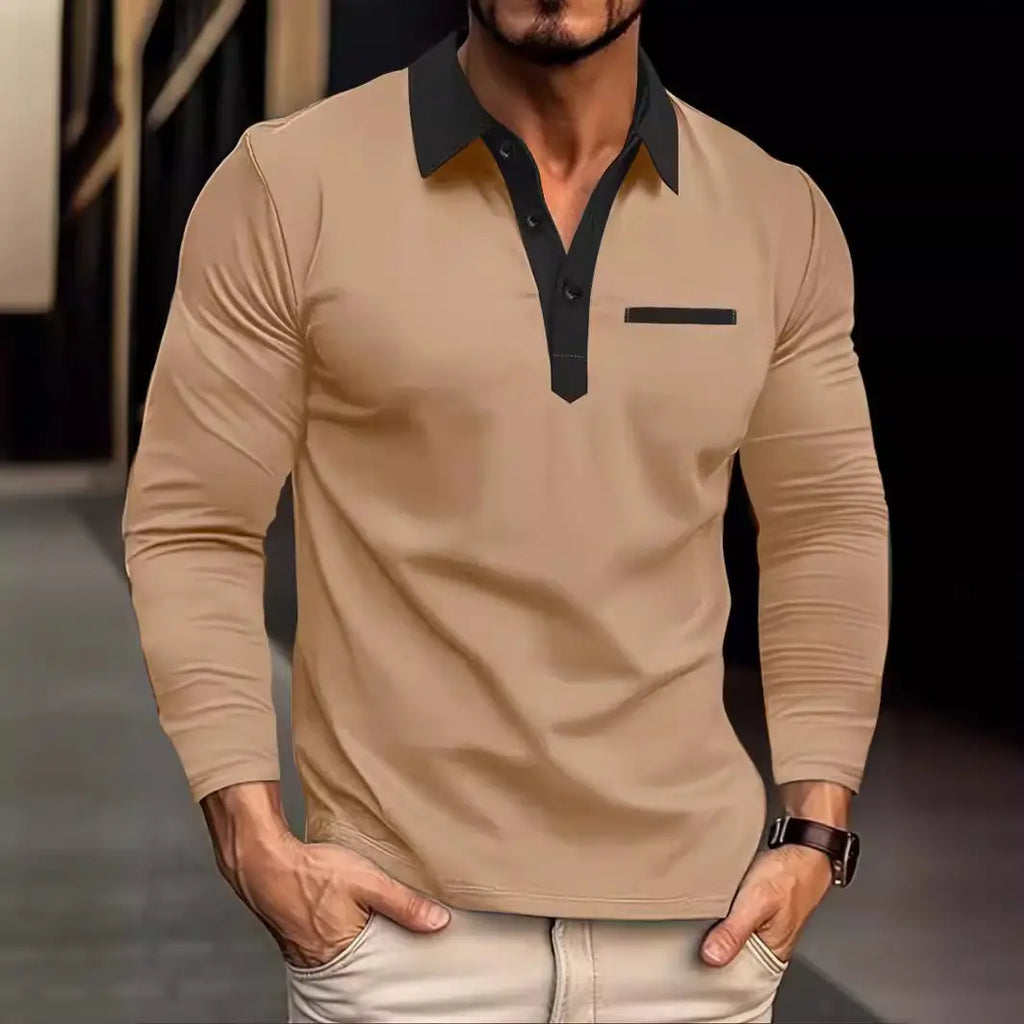 Men's Khaki Long Sleeve Polo Shirt Winter Stylish