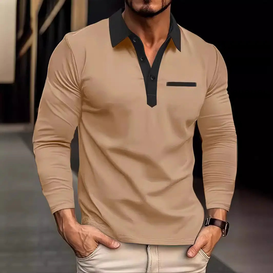 Men's Khaki Long Sleeve Polo Shirt Winter Stylish