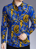 Men Blue Floral Print Long Sleeve Shirt Summer Casual Loose Fit