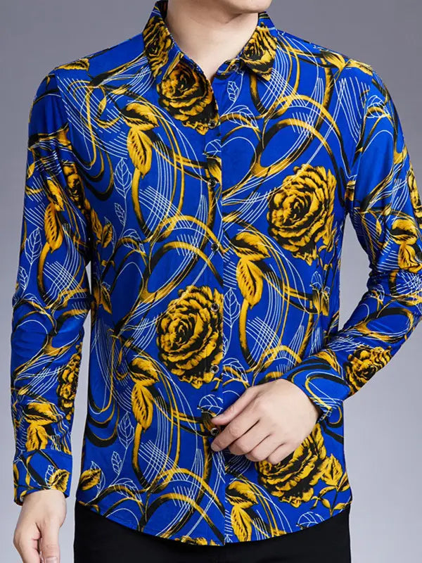 Men Blue Floral Print Long Sleeve Shirt Summer Casual Loose Fit