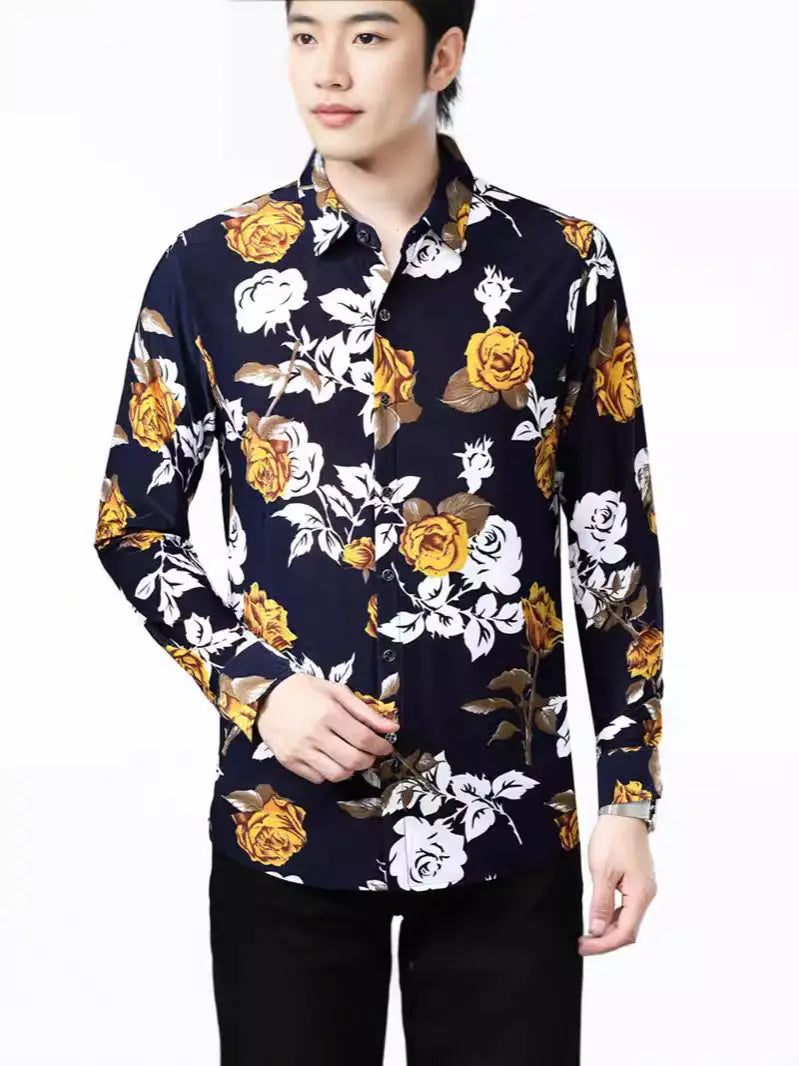 Men Blue Floral Print Long Sleeve Shirt Summer Casual Loose Fit