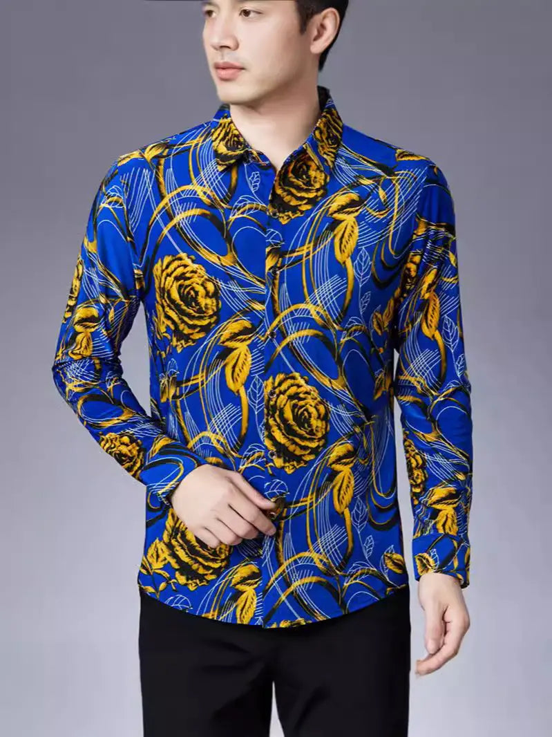 Men Blue Floral Print Long Sleeve Shirt Summer Casual Loose Fit