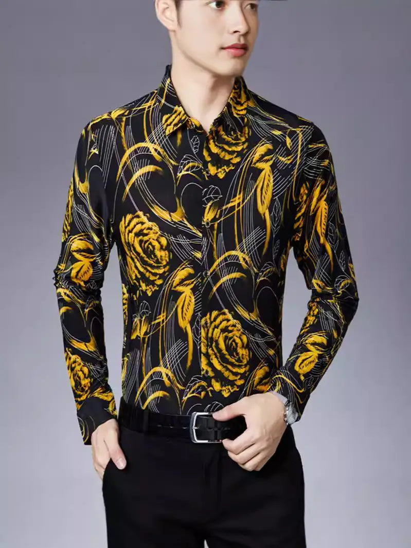 Men Blue Floral Print Long Sleeve Shirt Summer Casual Loose Fit