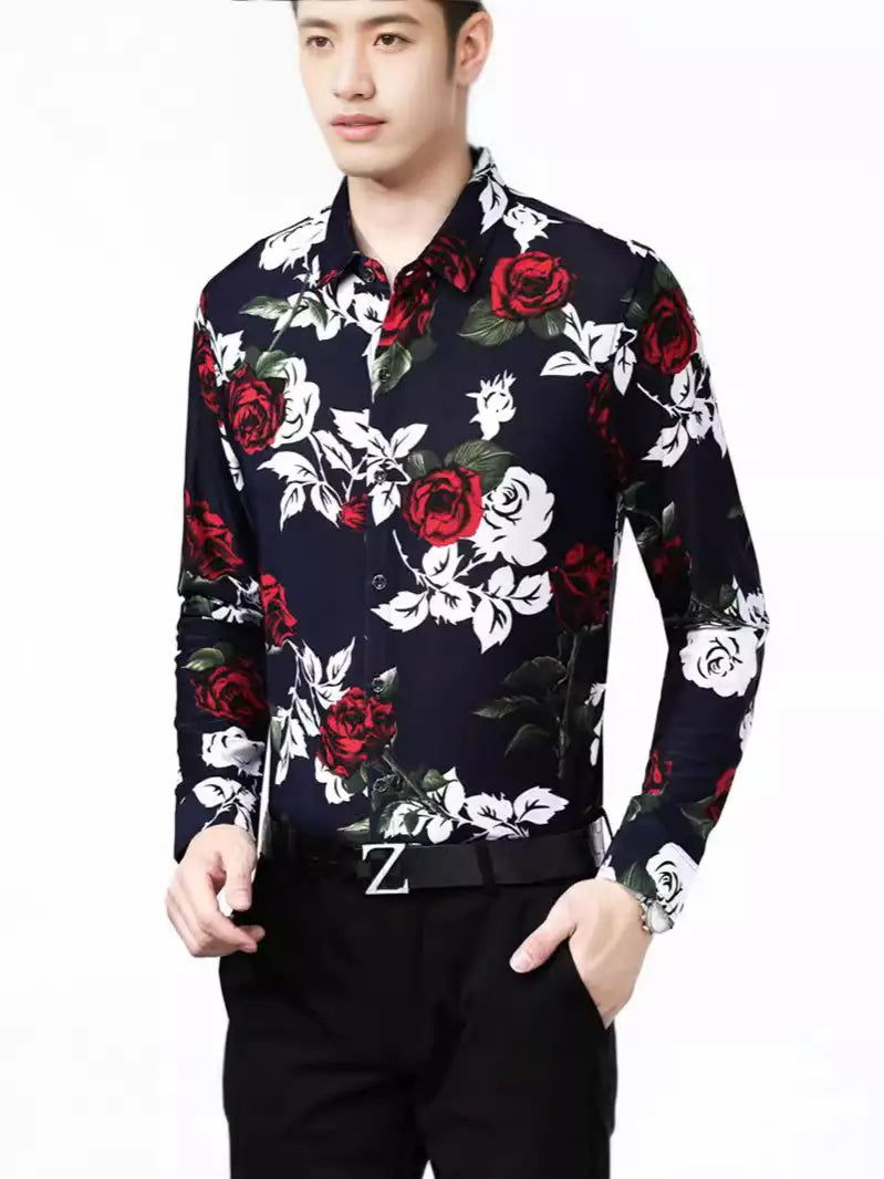 Men Blue Floral Print Long Sleeve Shirt Summer Casual Loose Fit