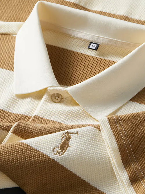 Men Striped Polo Shirt Khaki Business Formal Summer