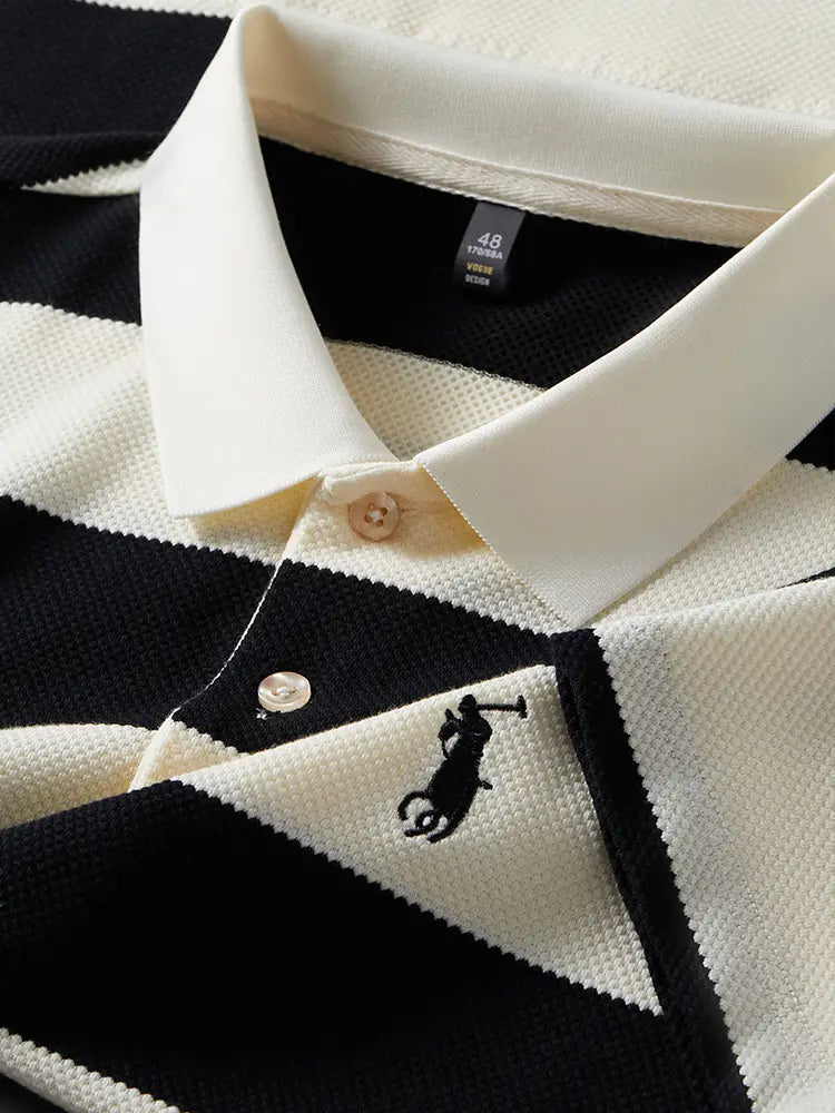 Men Striped Polo Shirt Khaki Business Formal Summer