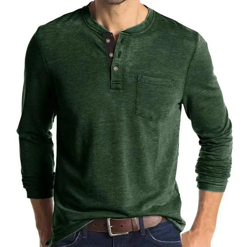 Men Slim Fit Long Sleeve Henley Shirt Green Pocket