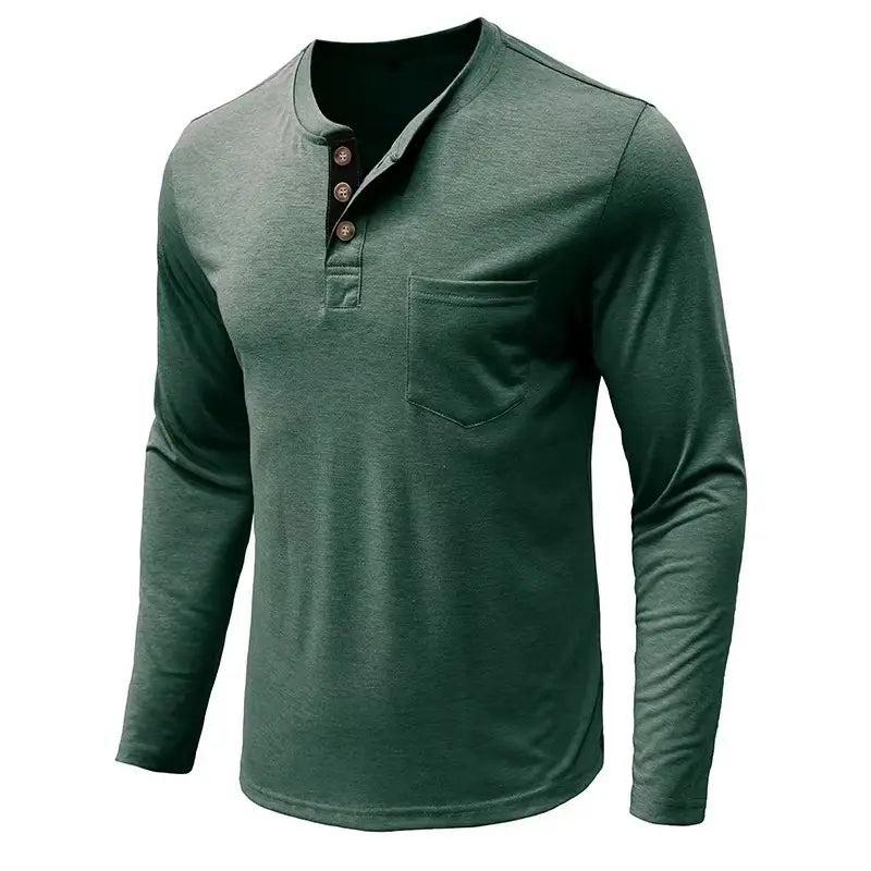 Men Slim Fit Long Sleeve Henley Shirt Green Pocket