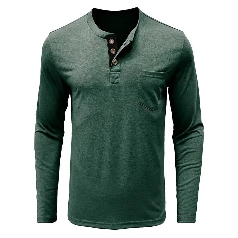 Men Slim Fit Long Sleeve Henley Shirt Green Pocket