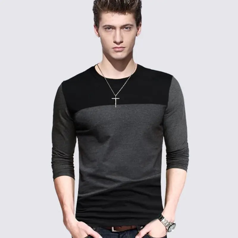 Men Long Sleeve Cotton Shirt Black Gray Autumn