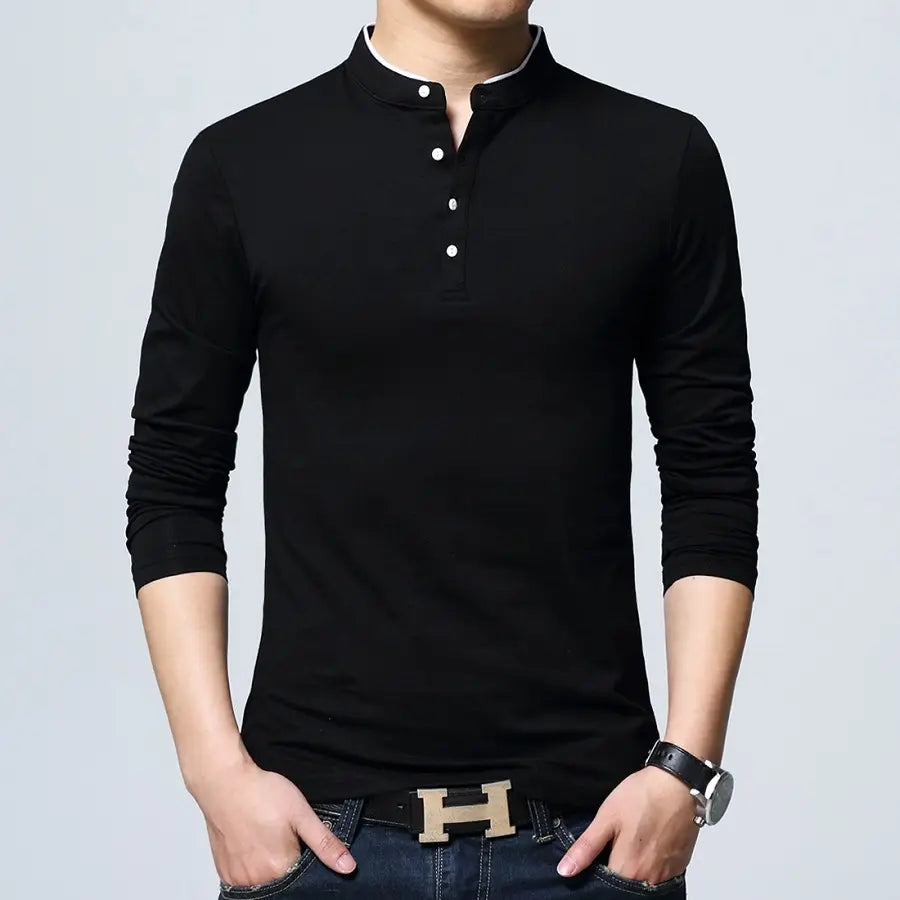 Men Cotton Stand Collar Long Sleeve T-Shirt Black