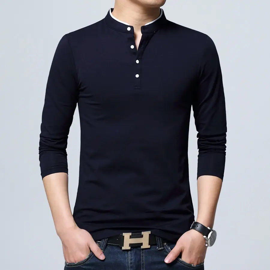 Men Cotton Stand Collar Long Sleeve T-Shirt Black
