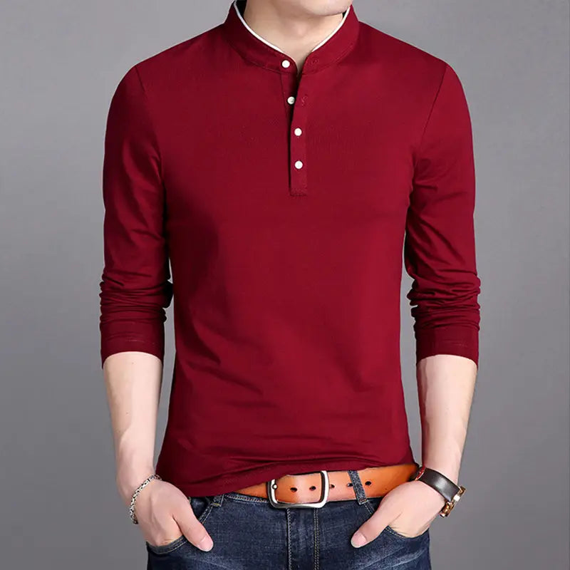 Men Cotton Stand Collar Long Sleeve T-Shirt Black