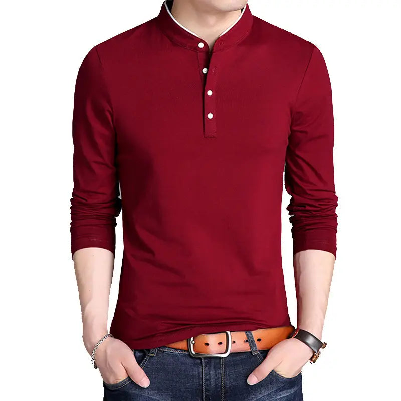 Men Cotton Stand Collar Long Sleeve T-Shirt Black