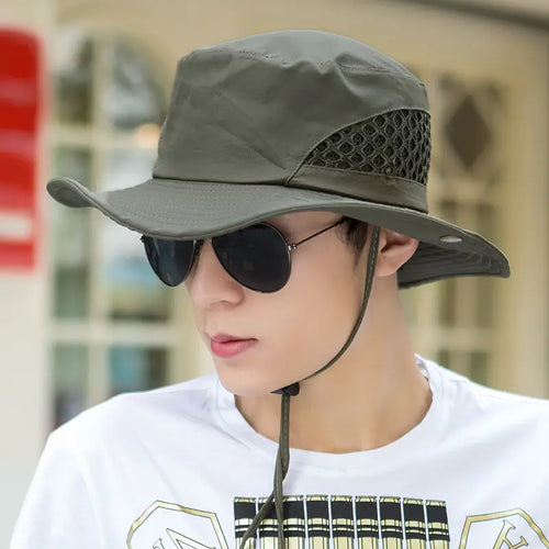 Men Sun Hat Beige Mesh Adjustable Chin Strap