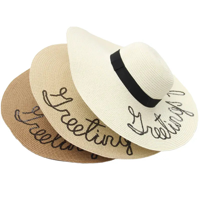 Beige Wide Brim Straw Hat for Women with Sequins