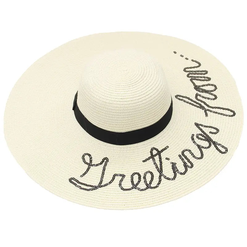 Beige Wide Brim Straw Hat for Women with Sequins