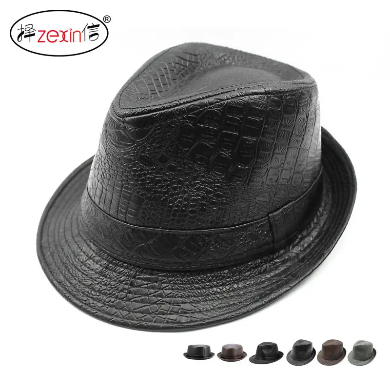 Black Croc PU Leather Hat for Men Women