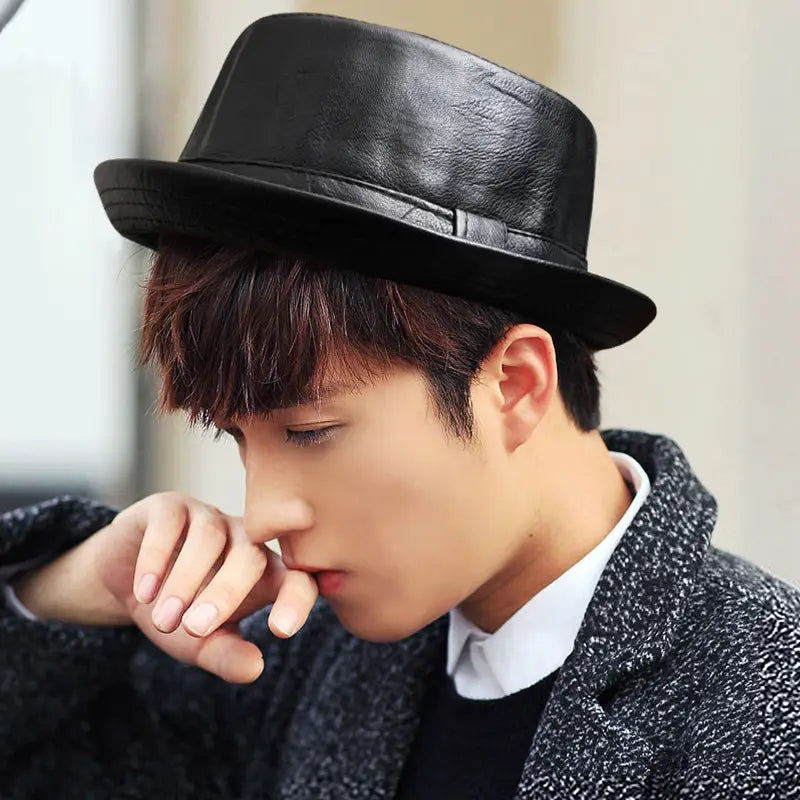 Black Croc PU Leather Hat for Men Women