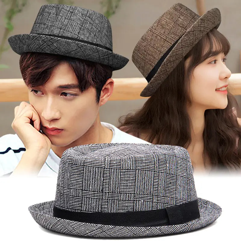 Men Plaid Jazz Hat Cotton Linen Sun Protection Black Gray