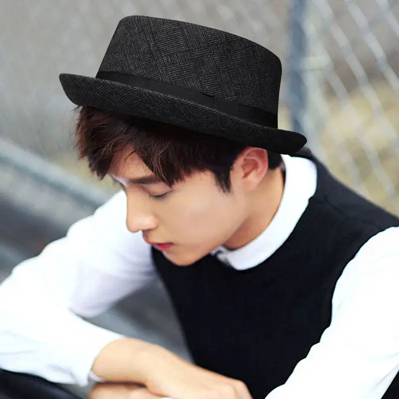 Men Plaid Jazz Hat Cotton Linen Sun Protection Black Gray