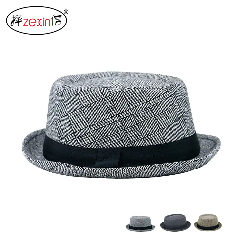 Men Plaid Jazz Hat Cotton Linen Sun Protection Black Gray