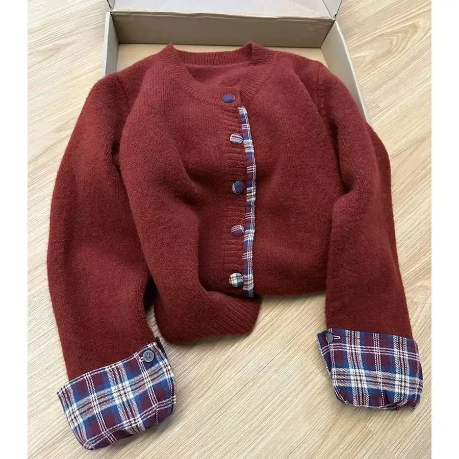 Women Plaid Knit Cardigan Gray Winter Warm