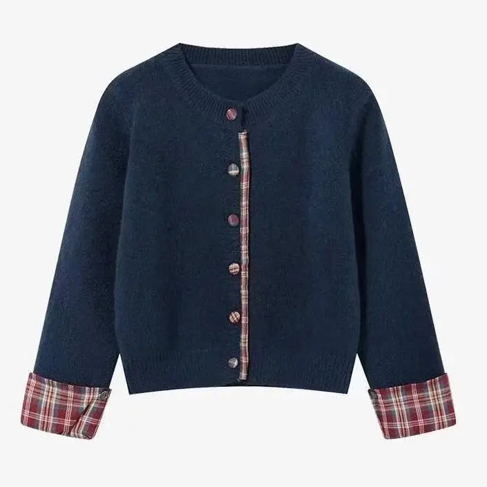 Women Plaid Knit Cardigan Gray Winter Warm