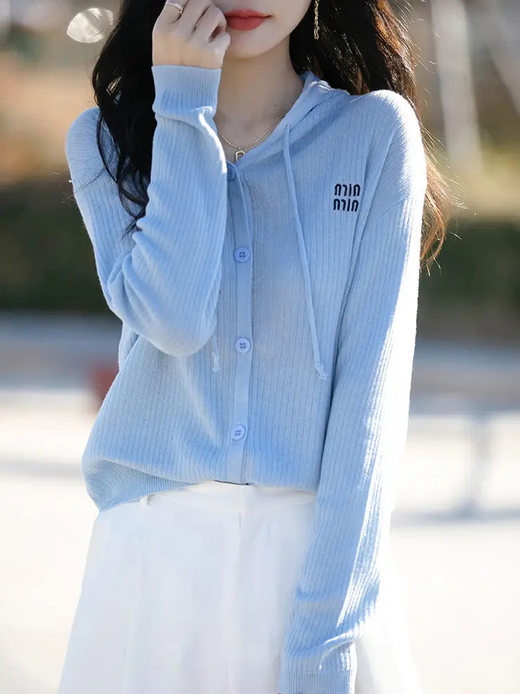Women Hooded Knitted Cardigan Cream Slim Fit