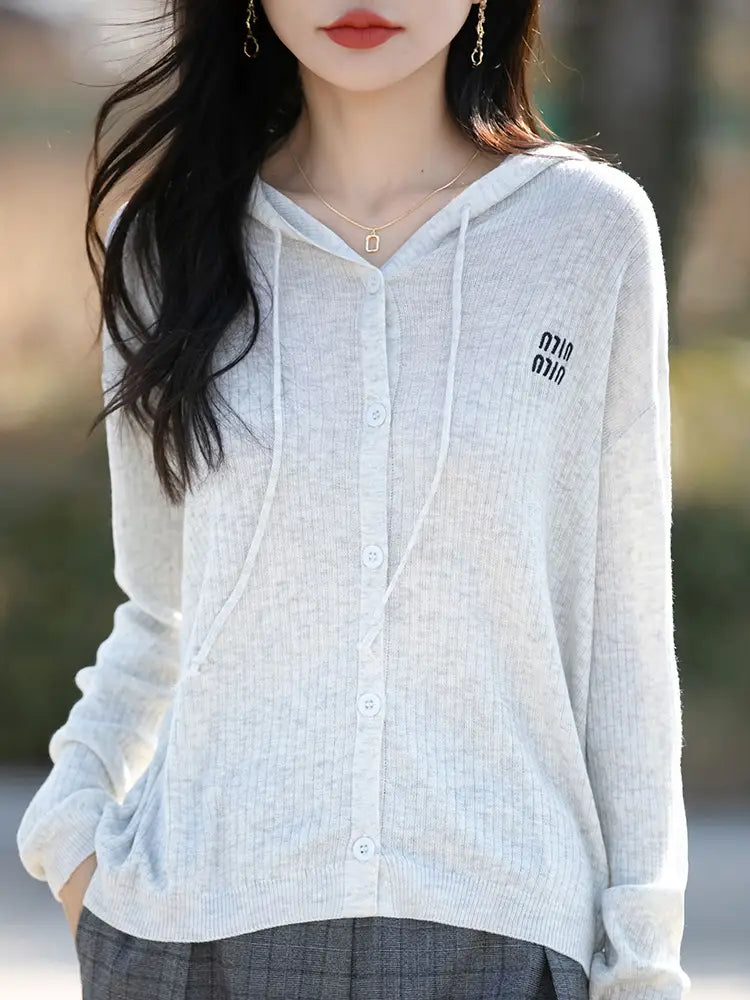 Women Hooded Knitted Cardigan Cream Slim Fit