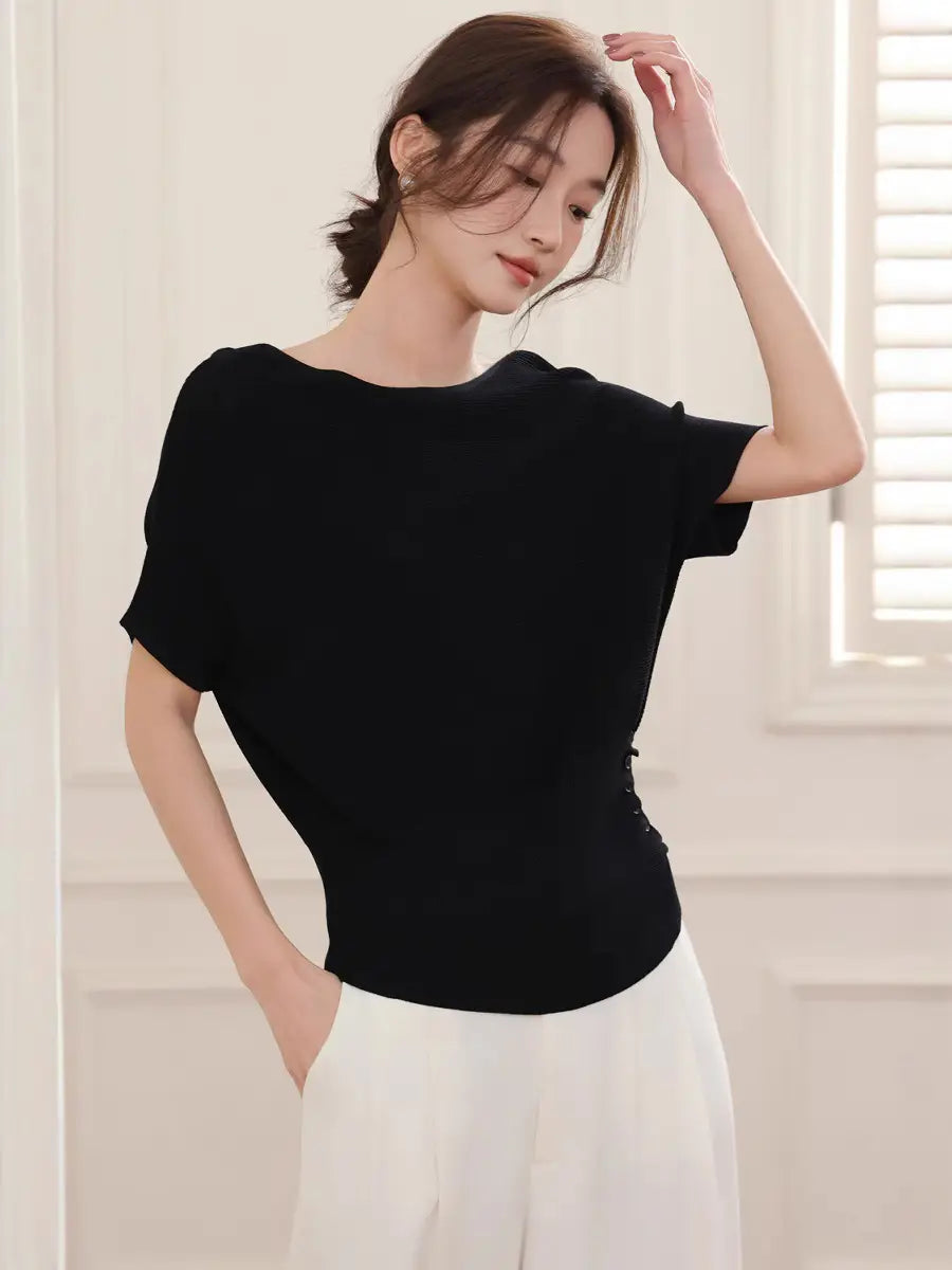 Women's Grey Slim Fit Knit Shirt with Side Buttons