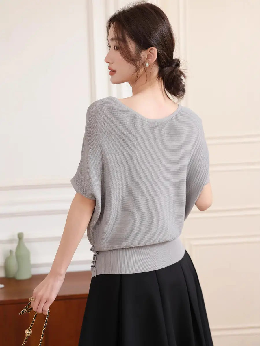 Women's Grey Slim Fit Knit Shirt with Side Buttons
