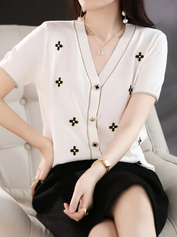 Women V-neck Silk Cardigan White Short Sleeve Elegant Summer