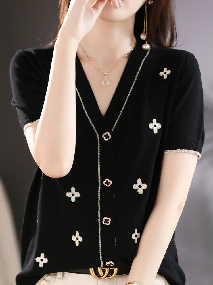 Women V-neck Silk Cardigan White Short Sleeve Elegant Summer