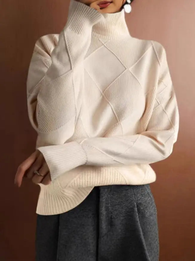 Women High Collar Diamond Knit Sweater Rose Red Loose Fit